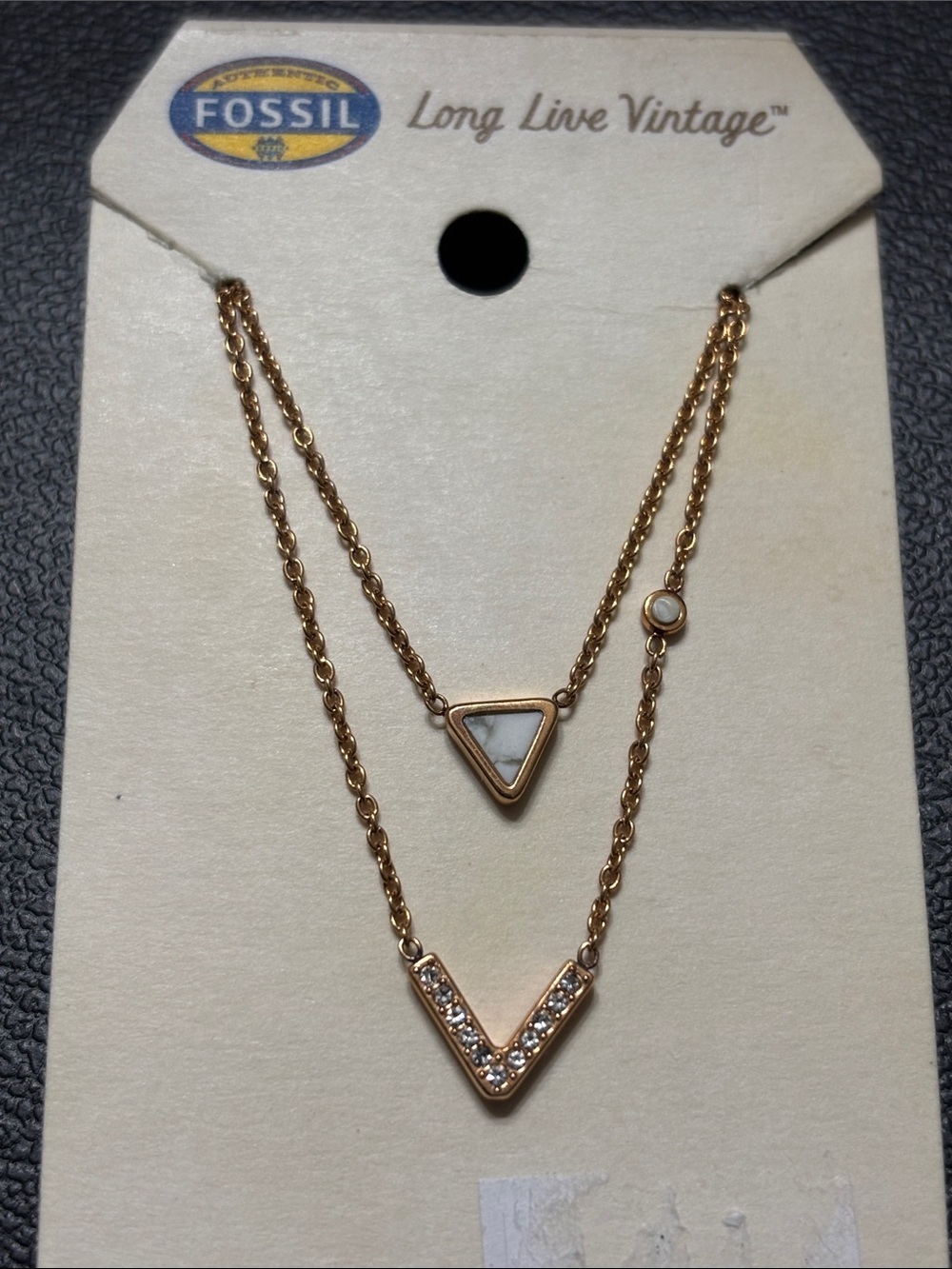 Fossil Rose Gold Double Layer V and Triangle Necklace with White Accents Vintage